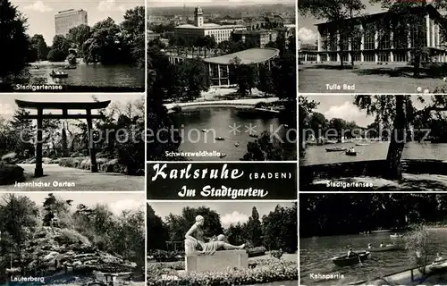 AK / Ansichtskarte Karlsruhe Baden Stadtgartensee Japanischer Garten Lauterberg Schwarzwaldhalle Tullabad Kahnpartie Flora