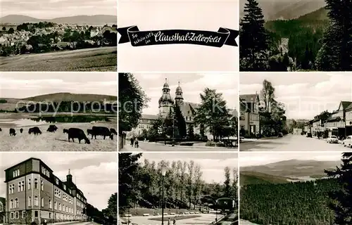 AK / Ansichtskarte Clausthal Zellerfeld Landschaftspanorama Viehweiden Marktkirche Gebaeude Hauptstrasse Kat. Clausthal Zellerfeld