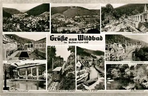 AK / Ansichtskarte Wildbad Schwarzwald Panorama Trinkhalle Olgastrasse Schwanensee Enz Sommerberg Bergbahn Thermalschwimmbad Kurplatz Kat. Bad Wildbad