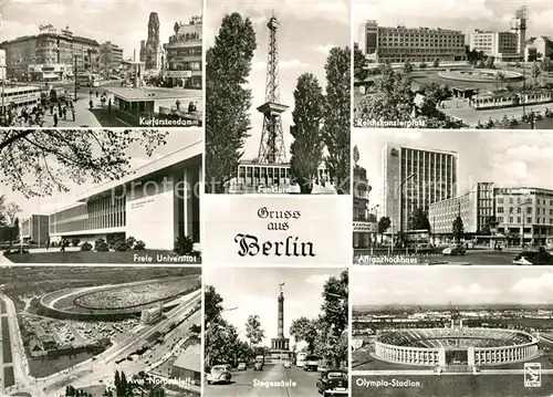 AK / Ansichtskarte Berlin Kurfuerstendamm Gedaechtniskirche Funkturm Reichskanzlerplatz Universitaet Allianzhochhaus Siegessaeule Avus Nordschleife Olympiastadion Fliegeraufnahme Kat. Berlin