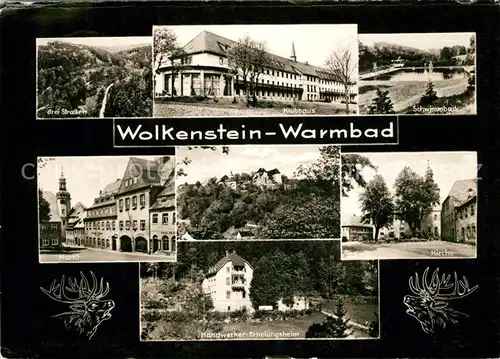 AK / Ansichtskarte Warmbad Wolkenstein Drei Strassen Klubhaus Schwimmbad Kirche Markt Handwerker Erholungsheim Hirsch Kat. Wolkenstein