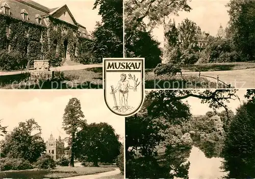 AK / Ansichtskarte Muskau Oberlausitz Bad Moorbad Schloss Park Eichsee Wappen Kat. Bad Muskau