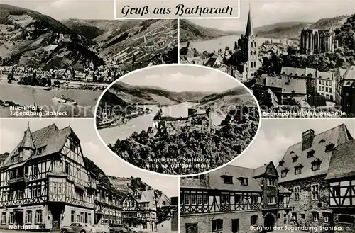 AK / Ansichtskarte Bacharach Rhein Bluechertal Jugendburg Stahleck Fliegeraufnahme Wernerkapelle Marktplatz Fachwerkhaeuser Kat. Bacharach