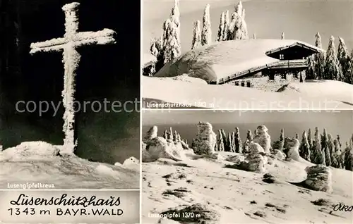 AK / Ansichtskarte Lusenschutzhaus Berghaus im Bayerischen Wald Luisengipfel Kreuz Winterlandschaft Kat. Neuschoenau