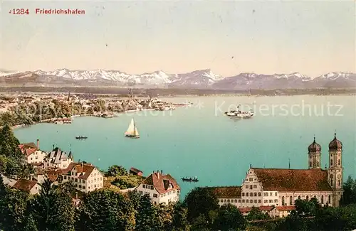 AK / Ansichtskarte Friedrichshafen Bodensee Panorama mit Alpen Schifffahrt Kat. Friedrichshafen