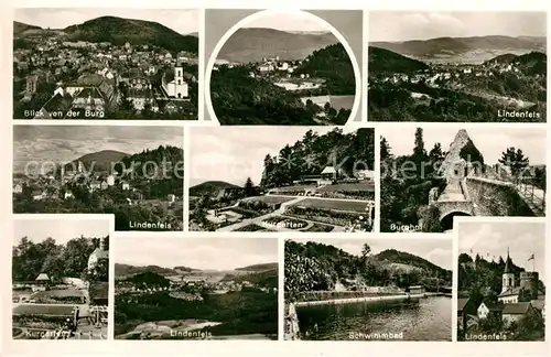 AK / Ansichtskarte Lindenfels Odenwald Blick von der Burg Landschaftspanorama Burghof Kurgarten Schwimmbad Kat. Lindenfels