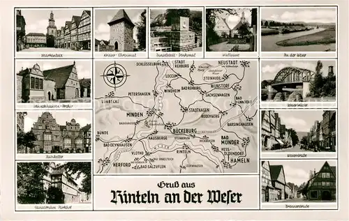 AK / Ansichtskarte Rinteln Marktplatz Kriegerdenkmal Denkmal Wallgasse Weser Bruecke Muenchhausen Archiv Ratskeller Sanatorium Strassenpartie Landkarte Kat. Rinteln