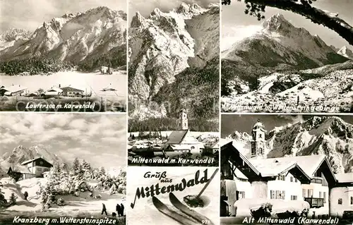 AK / Ansichtskarte Mittenwald Bayern Lautersee mit Karwendel Wettersteingebirge Kranzberg Ortsmotiv mit Kirche Kat. Mittenwald