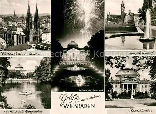 AK / Ansichtskarte Wiesbaden St Bonifazius Kirche Kurhaus Feuerwerk Bahnhof Staatstheater Kurgarten Kat. Wiesbaden