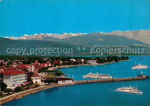 AK / Ansichtskarte Langenargen Bodensee Hafen Faehren Alpenpanorama Fliegeraufnahme Kat. Langenargen