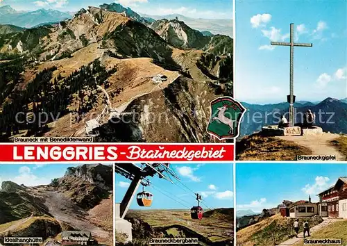 AK / Ansichtskarte Lenggries Brauneckgebiet Gipfelkreuz Brauneckhaus Bergbahn Idealhanghuette Gebirgspanorama Benediktenwand Kat. Lenggries