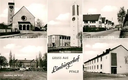AK / Ansichtskarte Limburgerhof Katholische Kirche Schule Gasthaus BASF Kirchenstra?e Kat. Limburgerhof