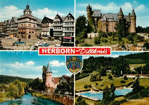 AK / Ansichtskarte Herborn Hessen Marktplatz Rathaus Schloss Partie an der Dill Schwimmbad Kat. Herborn