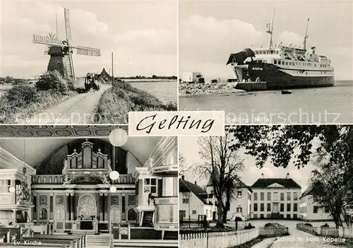 AK / Ansichtskarte Gelting Schleswig Holstein Geltinger Noor Windmuehle Mole Faehre Schloss Kapelle Kirche