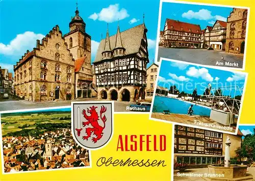 AK / Ansichtskarte Alsfeld Rathaus Markt Fachwerkhaus Freibad Hallenbad Schwaelmer Brunnen Wappen Fliegeraufnahme Kat. Alsfeld