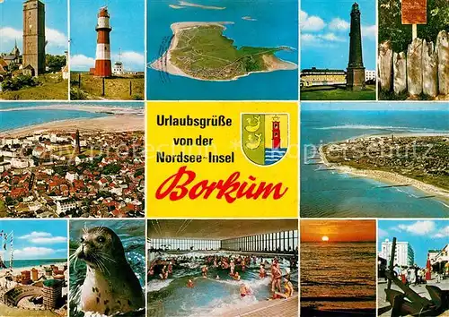 AK / Ansichtskarte Borkum Nordseebad Leuchtturm Wal Kinnladen Zaun Strand Wellenbad Anker Fliegeraufnahmen Wappen Kat. Borkum