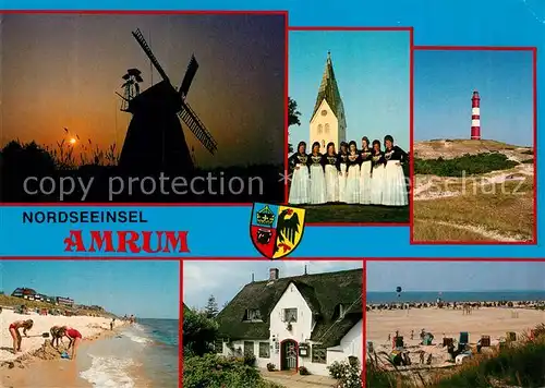 AK / Ansichtskarte Amrum Sonnenuntergang Windmuehle Kirche Trachten Leuchtturm Strand Friesenhaus Kat. Nebel