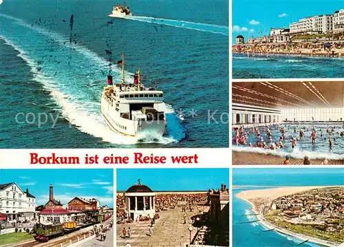 AK / Ansichtskarte Borkum Nordseebad Bahnhof Promenade Musikpavillon Wellenbad Strand Faehre Fliegeraufnahme Kat. Borkum