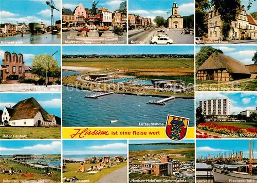 AK / Ansichtskarte Husum Nordfriesland Binnenhafen Markt Brunnen Kirche Cornilsche Haus Nissen Haus Bauernhaus Roter Haubarg Freibad Strand Campingplatz Fischereihafen Parkhotel Fliegeraufnahme Kat. Husum