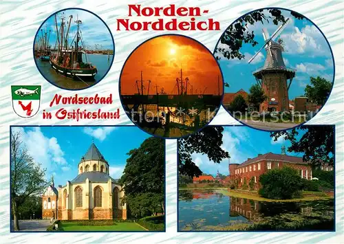 AK / Ansichtskarte Norddeich Ostfriesland Windmuehle Kirche Abendstimmung Fischerboot Kat. Norden