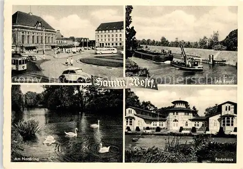 AK / Ansichtskarte Hamm Westfalen Bahnhofsplatz Am Kanal Frachtkahn Binnenschifffahrt Schwaene Badehaus Kat. Hamm