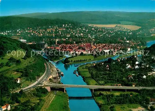 Hann. Muenden Weserbruecke mit Blick auf die Stadt Fliegeraufnahme Kat. Hann. Muenden