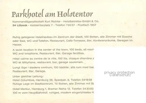 AK / Ansichtskarte Luebeck Parkhotel am Holstentor Kat. Luebeck