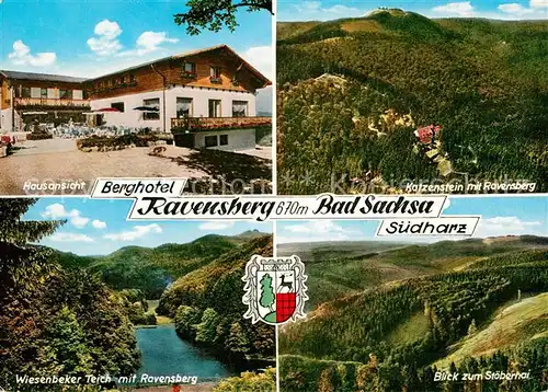 AK / Ansichtskarte Bad Sachsa Harz Berghotel Ravensberg Hausansicht Katzenstein mit Ravensberg Wiesenbeker Teich Stoeberhai Kat. Bad Sachsa