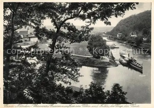 AK / Ansichtskarte Hann. Muenden Zusammenfluss von Werra und Fulda zur Weser Weserstein Dampfer Kat. Hann. Muenden