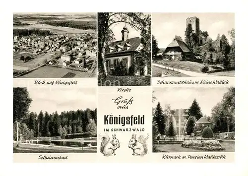 AK / Ansichtskarte Koenigsfeld Schwarzwald Fliegeraufnahme Kirche Schwarzwaldhaus Ruine Waldau Schwimmbad Freibad Kurpark Pension Waldesruh Eichhoernchen Kupfertiefdruck Koenigsfeld Schwarzwald Kat. Koenigsfeld im Schwarzwald