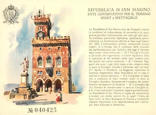 AK / Ansichtskarte San Marino Repubblica Kuenstlerkarte Regierungsgebaeude Museumspass San Marino Repubblica
