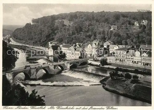 AK / Ansichtskarte Hann. Muenden Weserblick Alte Weserbruecke mit drei fliessenden Wehren Kupfertiefdruck Hann. Muenden Kat. Hann. Muenden