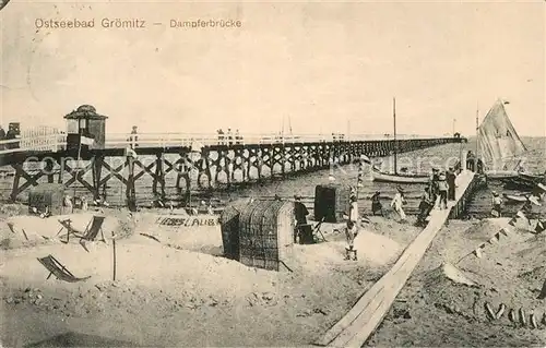 AK / Ansichtskarte Groemitz Ostseebad Dampferbruecke Strand Groemitz Ostseebad Kat. Groemitz