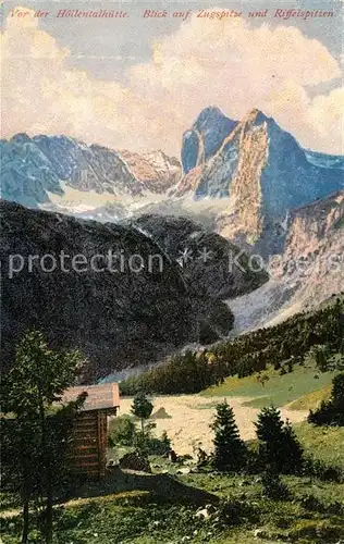 AK / Ansichtskarte Hoellentalhuette mit Zugspitze und Riffelspitzen Hoellentalhuette Kat. Muenchen