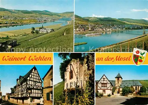 AK / Ansichtskarte Wehlen Mosel Panorama Blick ueber die Mosel Weinberge Fachwerkhaus Sonnenuhr Kirche Cornely Karte Nr 7326 Wehlen Mosel Kat. Bernkastel Kues