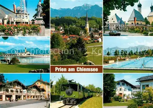 AK / Ansichtskarte Prien Chiemsee Schwimmbad Denkmal Dampfer Eisenbahn Kirche Prien Chiemsee Kat. Prien a.Chiemsee