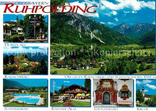 Ruhpolding Schwimmbad Kirche Dorfplatz Sonntagshorn Rauschberg Lueftlmalerei Ruhpolding Kat. Ruhpolding