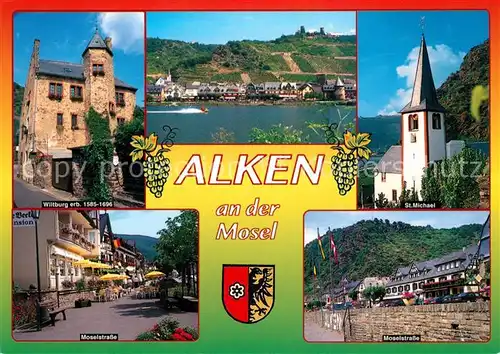 AK / Ansichtskarte Alken_Koblenz Wiltburg Moselstrasse Strassencafes St Michael Kirche Blick ueber die Mosel Alken Koblenz Kat. Alken