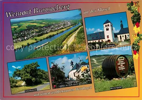 AK / Ansichtskarte Brauneberg Panorama Moseltal Naturdenkmal Kirche Klosterturm Weinbergsfass Weinberge Brauneberg Kat. Brauneberg