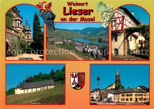 AK / Ansichtskarte Lieser Schloss Alter Posthof Marktplatz Kirche Panorama Moseltal Weinberge Lieser Kat. Lieser