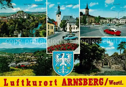 AK / Ansichtskarte Arnsberg_Westfalen Panorama Blick vom Ehmsendenkmal Gleichenturm Neumarkt Stadtpanorama Schlossbrunnen Wappen Arnsberg_Westfalen Kat. Arnsberg