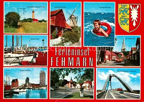 AK / Ansichtskarte Insel_Fehmarn Fluegger Leuchtturm Lemkenhafen Muehle Burg Tiefe Hafen Fehmarnsundbruecke Petersdorf Kind Schwimmreifen Insel Fehmarn Kat. Fehmarn