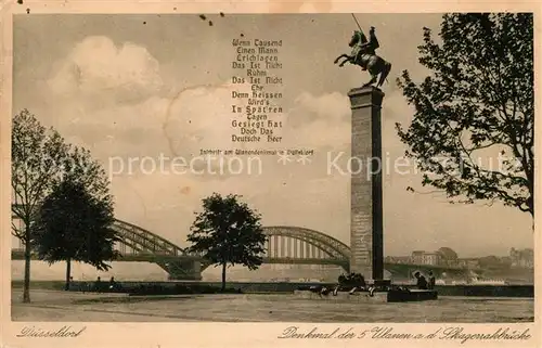 AK / Ansichtskarte Duesseldorf Denkmal der 5 Ulanen an der Skarakbruecke Duesseldorf Kat. Duesseldorf