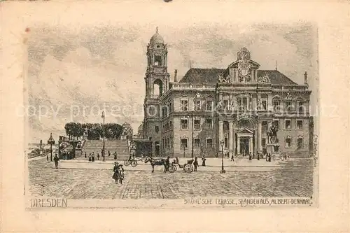 AK / Ansichtskarte Dresden Bruehlsche Terrasse Staendehaus Albert Denkmal Originalradierung Dresden Kat. Dresden_Elbe