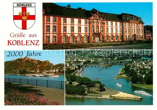AK / Ansichtskarte Koblenz_Rhein Gebaeude Uferpromenade Deutsches Eck Kaiser Wilhelm Denkmal Blick von Festung Ehrenbreitstein 2000 Jahre Koblenz_Rhein Kat. Koblenz