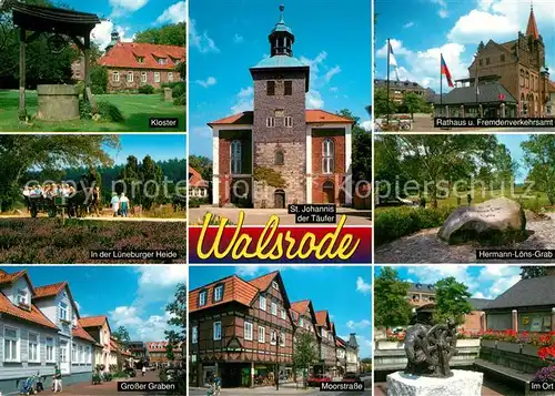 AK / Ansichtskarte Walsrode_Lueneburger_Heide Kloster Pferdewagen Lueneburger Heide Grosser Graben Moorstrasse Skulptur Hermann Loens Grab Rathaus Fremdenverkehrsamt Kirche Walsrode_Lueneburger_Heide Kat. Walsrode