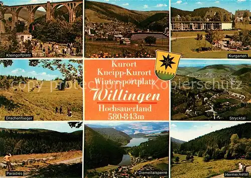 AK / Ansichtskarte Willingen_Sauerland Kleingolfplatz Drachenflieger Paradies Diemeltalsperre Hermecketal Strycktal Kurgarten Willingen_Sauerland Kat. Willingen (Upland)