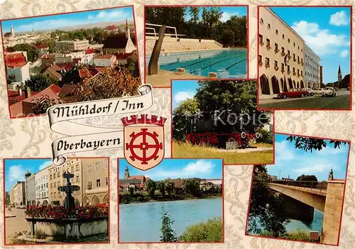 AK / Ansichtskarte Muehldorf_Inn Stadtpanorama Freibad Brunnen Isarbruecke Dampflokomotive Muehldorf Inn Kat. Muehldorf a.Inn