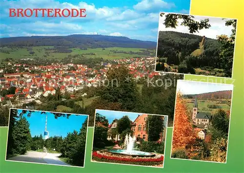 AK / Ansichtskarte Brotterode Panorama Blick vom Seimberg Grosser Inselsberg Bad Vilbeler Platz Neugotische Kirche Inselbergschanze Skispringen Brotterode Kat. Brotterode