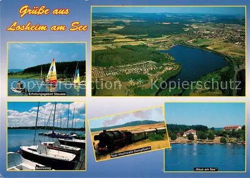 AK / Ansichtskarte Losheim_See Feriengebiet Mosel Saar Hochwald Stausee Bootsteg Dampflokomotive Seehotel Fliegeraufnahme Losheim See Kat. Losheim